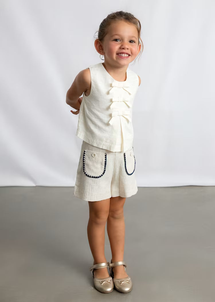 Girls Linen Shorts in Natural + Navy