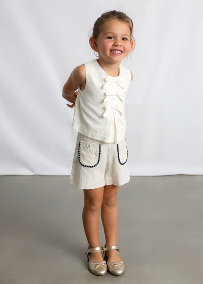Girls Linen Shorts in Natural + Navy