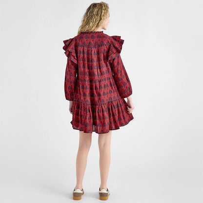 Womens Kalani Double Ruffle Dress- Red Autumn Strawflower