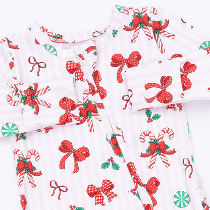 Bows + Candy Canes 2-Way Ruffle Back Zipper Footie