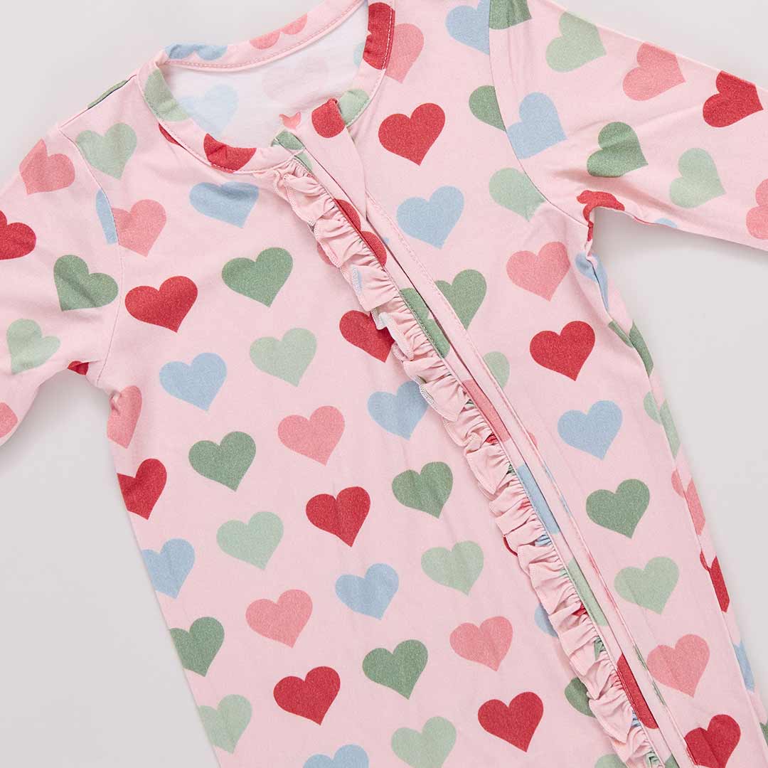 Baby Girls Ruffle Bamboo Romper- Pink Small Hearts