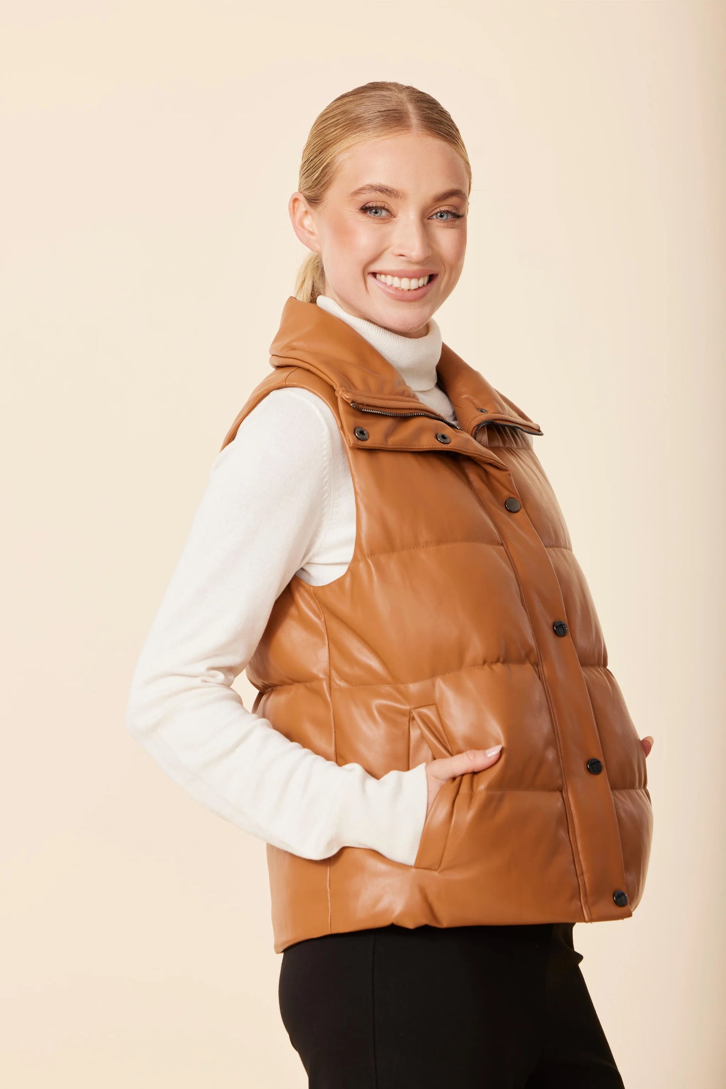 Vegan Leather Puffer Vest- Burnt Orange