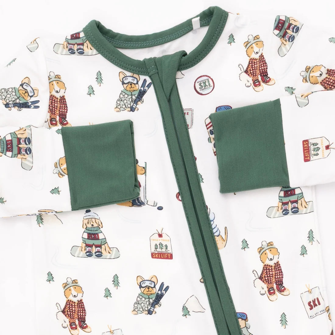 Green Winter Sports Dogs 2-Way Zipper Footie
