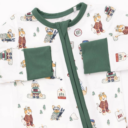 Green Winter Sports Dogs 2-Way Zipper Footie