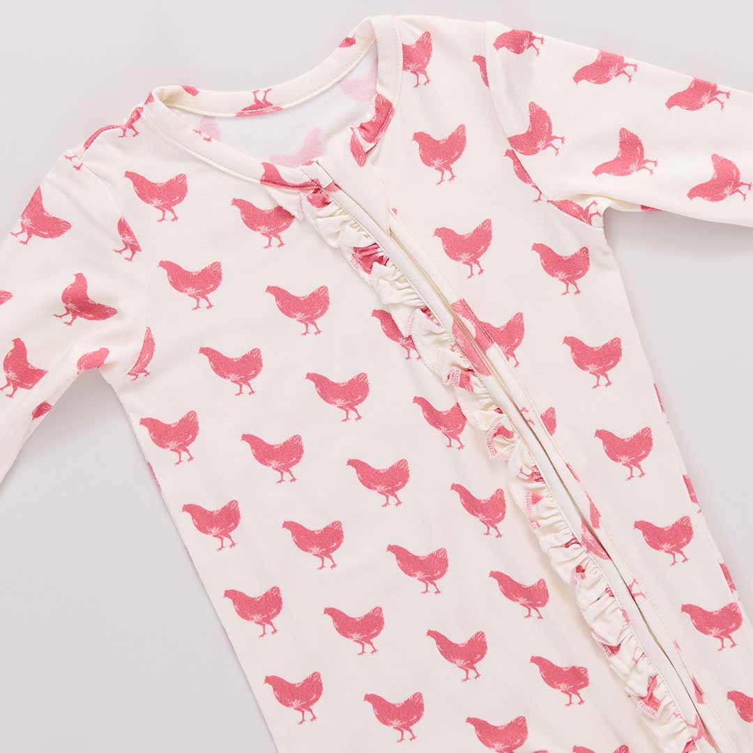 Baby Girls Ruffle Bamboo Romper- Pink Chickens