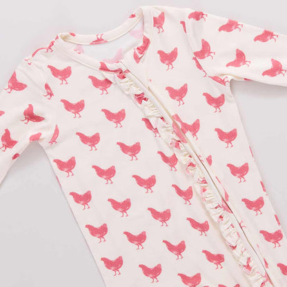 Baby Girls Ruffle Bamboo Romper- Pink Chickens