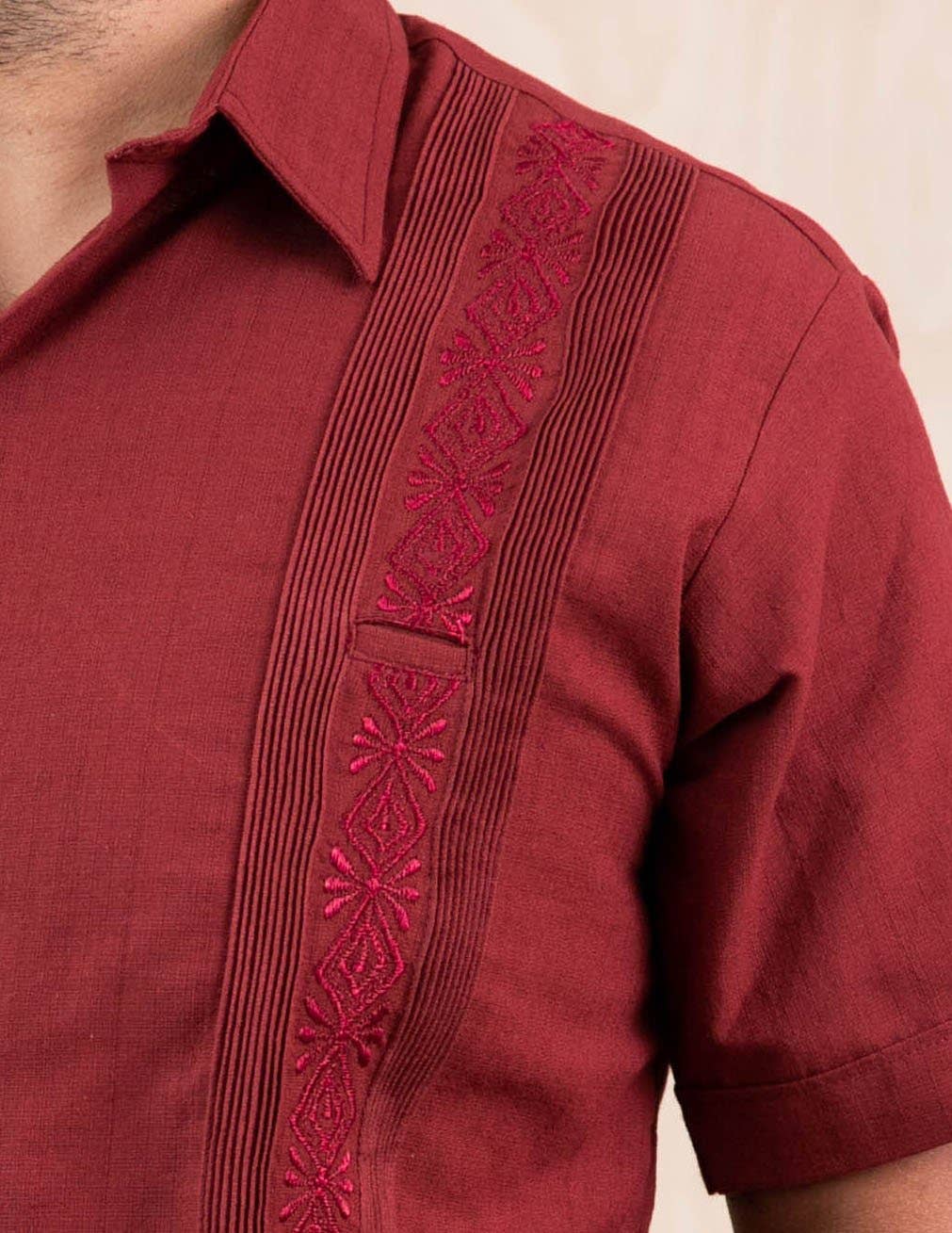 SIDREY Men's Mexican Guayabera Guayamisa Shirt - Burgundy: XXL