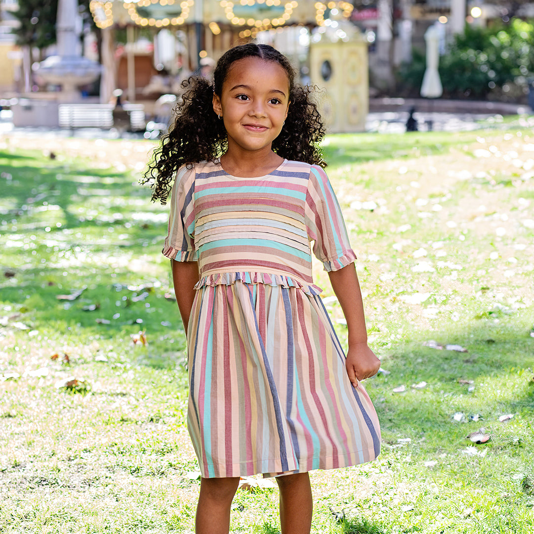 Girls Raquel Dress- Multi Vintage Stripe