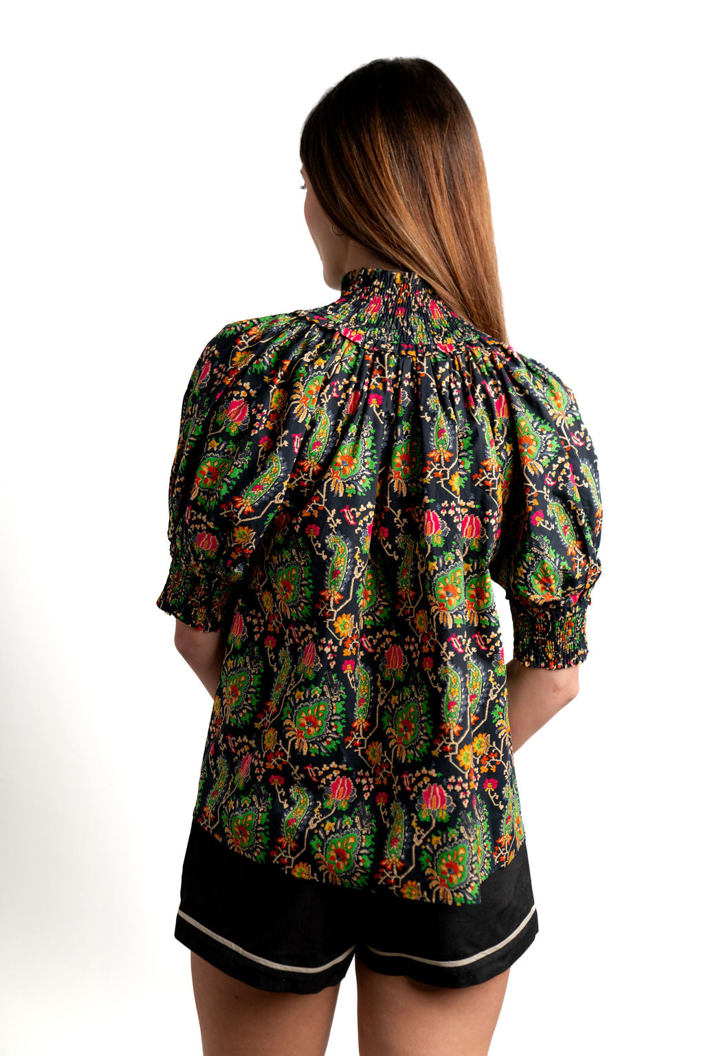 Gathered Neck Button Down Top- Black Paisley