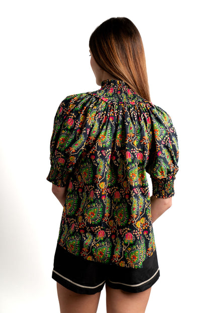 Gathered Neck Button Down Top- Black Paisley