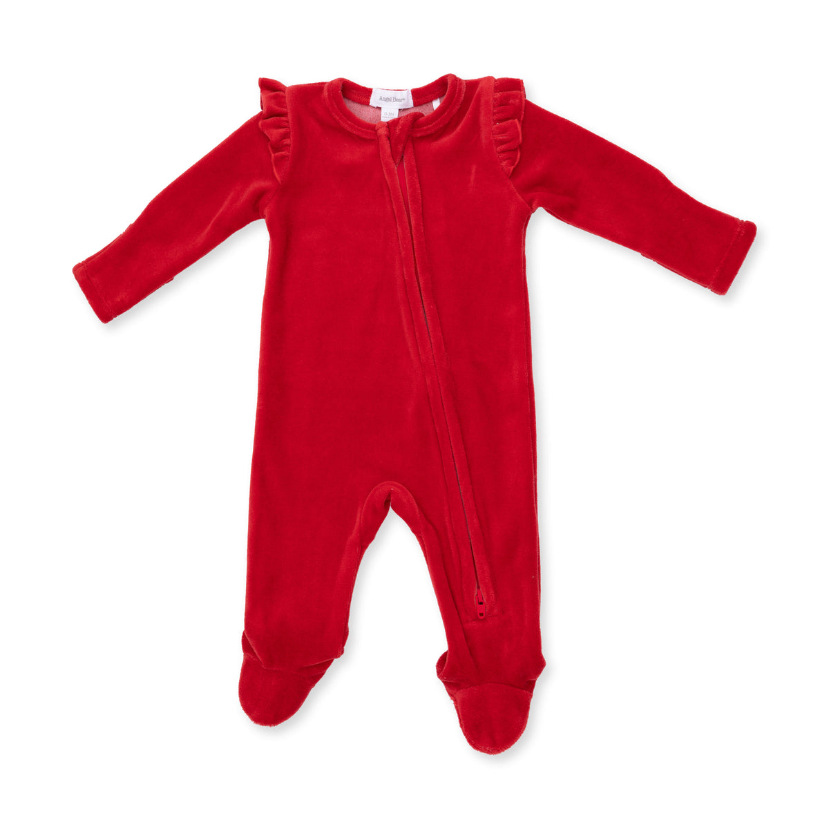 Velour Holiday Red 2-Way Ruffle Sleeve Zipper Footie