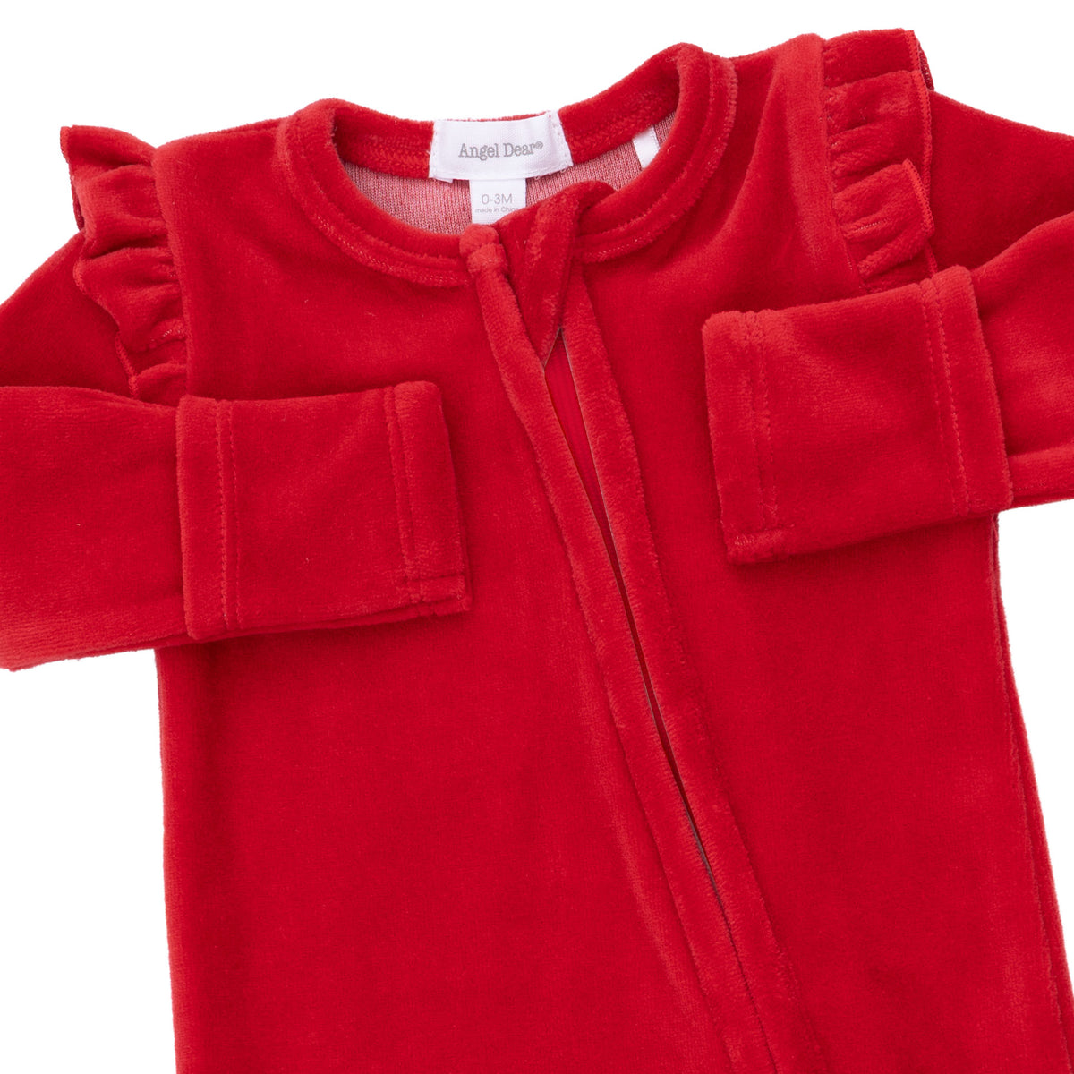 Velour Holiday Red 2-Way Ruffle Sleeve Zipper Footie