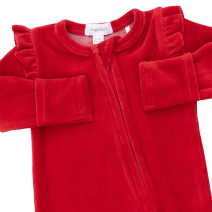 Velour Holiday Red 2-Way Ruffle Sleeve Zipper Footie