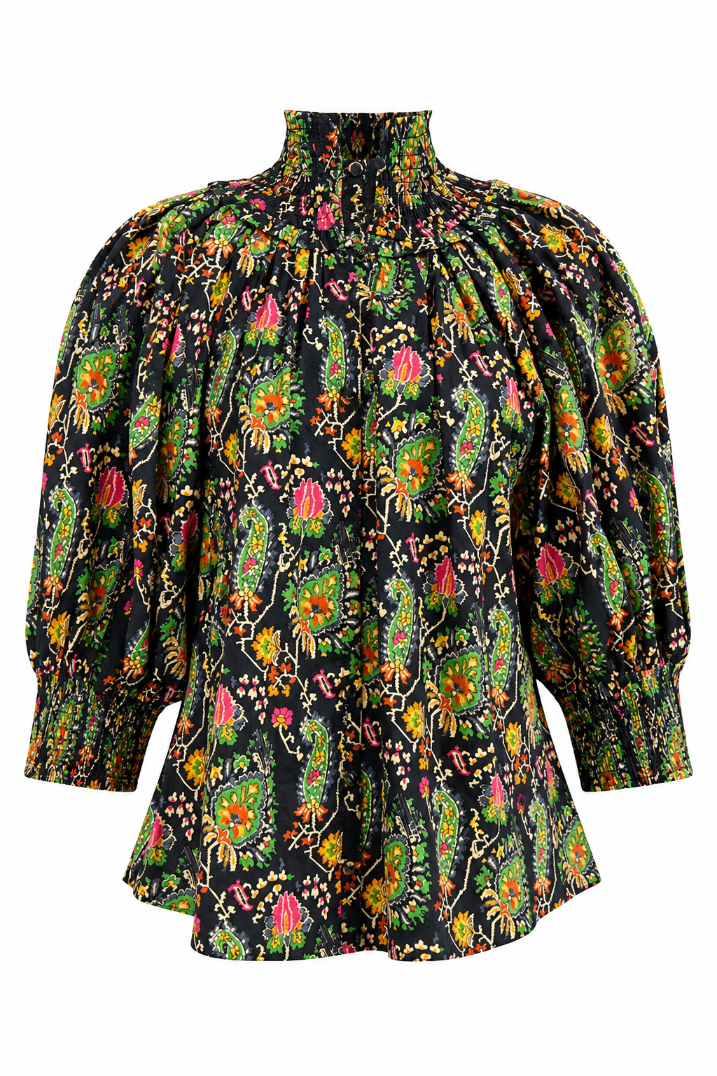 Gathered Neck Button Down Top- Black Paisley