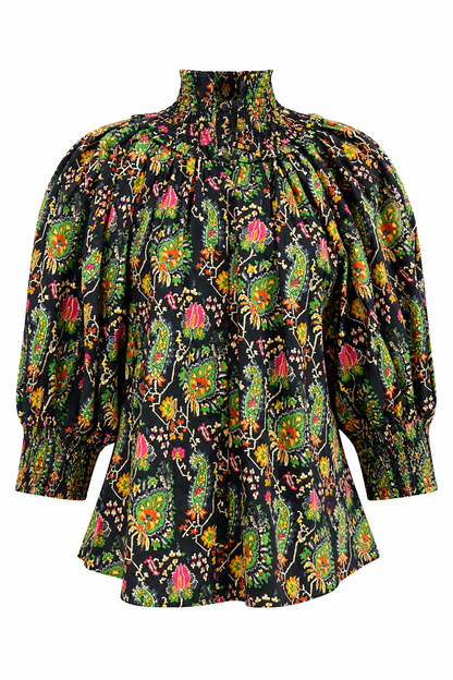 Gathered Neck Button Down Top- Black Paisley
