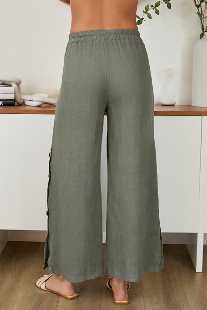 Wide Leg Linen Pants- Army Green