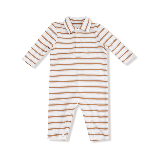 Polo Romper- Brown Vintage Stripe