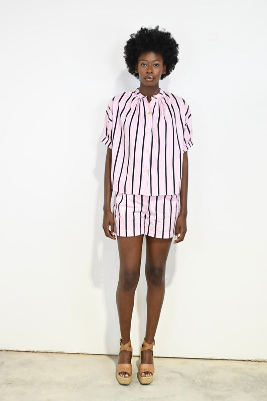 Pleated Shorts- Pink Cabana Stripe